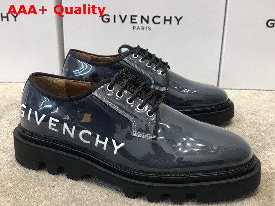 Givenchy Combat Derby Shoes in Shiny Blue Leather with Givenchy Print Replica