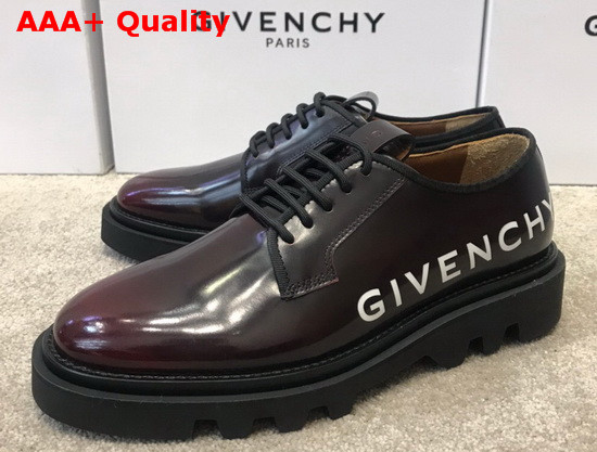 Givenchy Combat Derby Shoes in Shiny Brown Leather with Givenchy Print Replica