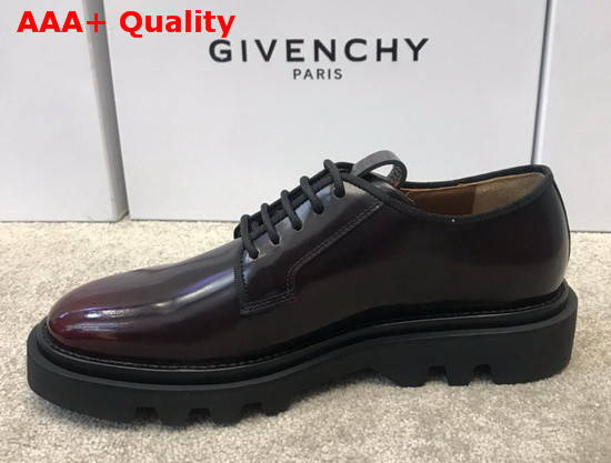 Givenchy Combat Derby Shoes in Shiny Brown Leather with Givenchy Print Replica