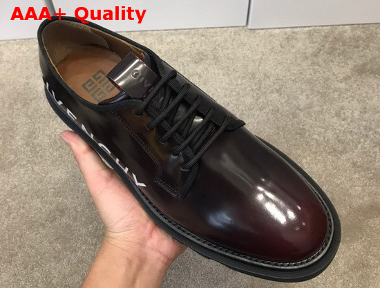 Givenchy Combat Derby Shoes in Shiny Brown Leather with Givenchy Print Replica