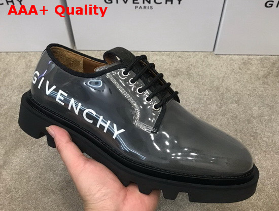 Givenchy Combat Derby Shoes in Shiny Grey Leather with Givenchy Print Replica