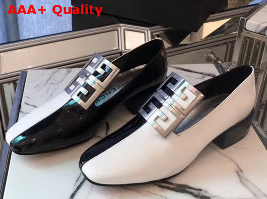 Givenchy Two Tone 4G Loafers Black and White Grained Leather with Silver Metal 4G Emblem Replica