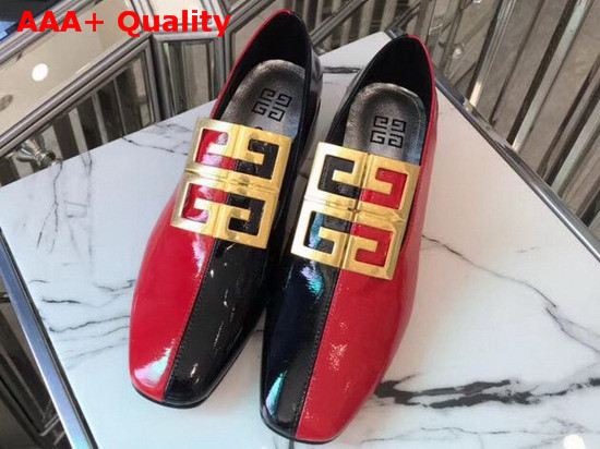 Givenchy Two Tone 4G Loafers in Red and Black Grained Leather with Gold Metal 4G Emblem Replica