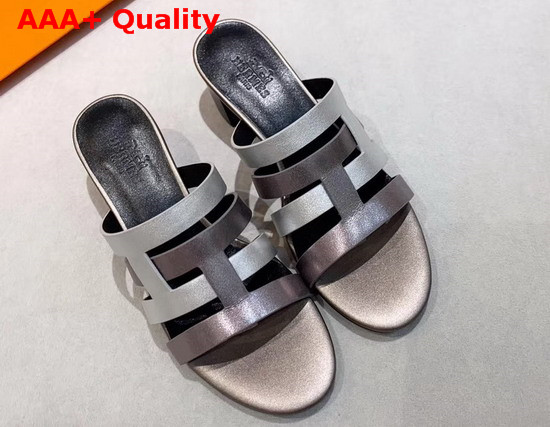 Hermes Amica Sandal Antique Silver and Silver Calfskin Replica