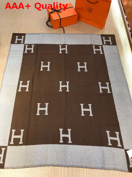 Hermes Avalon Throw Blanket in Beige and Brown Merinos Wool and Cashmere Replica