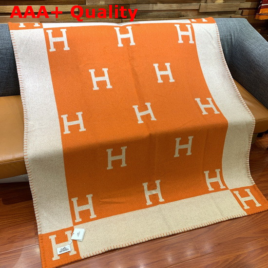 Hermes Avalon Throw Blanket in Ecru and Potiron Merinos Wool and Cashmere Replica