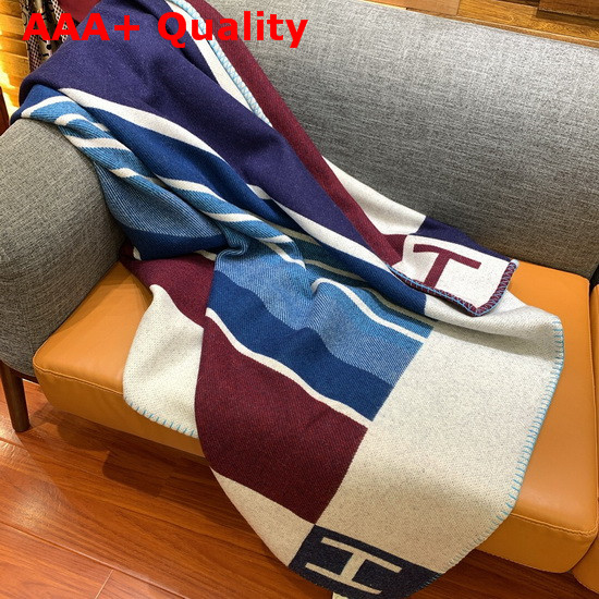 Hermes Avalon Vibration Throw Blanket in Blue and Beige Jacquard Woven Wool and Cashmere Replica