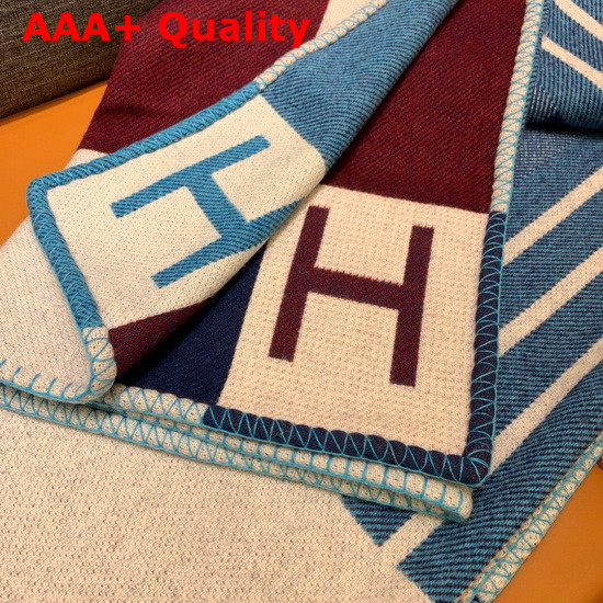 Hermes Avalon Vibration Throw Blanket in Blue and Beige Jacquard Woven Wool and Cashmere Replica