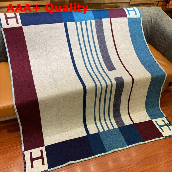 Hermes Avalon Vibration Throw Blanket in Blue and Beige Jacquard Woven Wool and Cashmere Replica