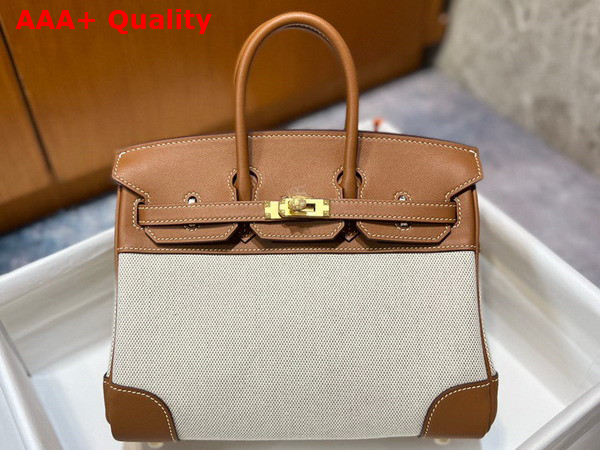 Hermes Birkin 25 in Canvas and Tan Swift Calfskin Replica