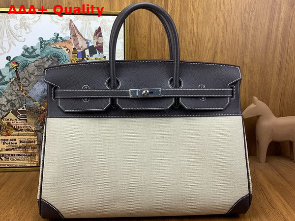 Hermes Birkin 40 Canvas and Goatskin Natural and Dark Coffee Replica