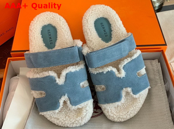 Hermes Chypre Sandal Sky Blue Ecru Woolskin Insole and Lining Replica