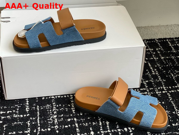 Hermes Chypre Sandal in H Denim and Calfskin Denim Blue Naturel Replica