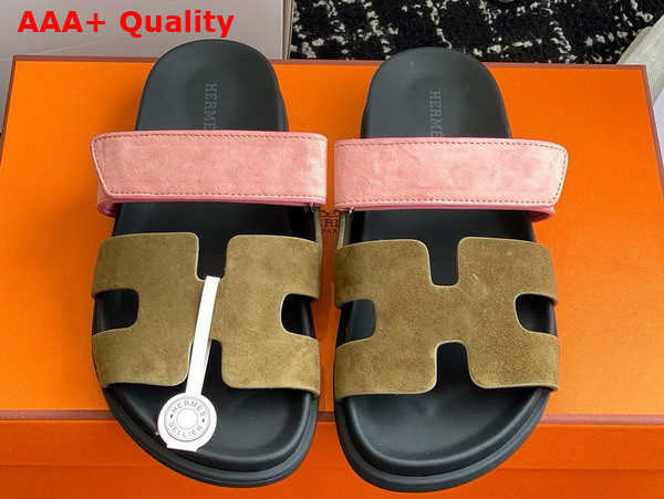 Hermes Chypre Sandal in Suede Goatskin Tan and Pink Replica