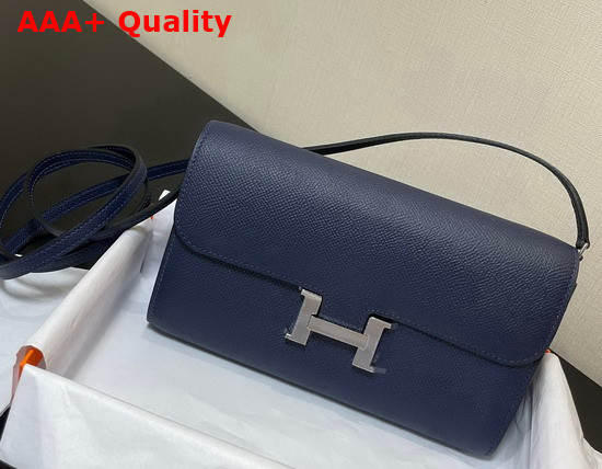 Hermes Constance Long To Go Wallet in Navy Epsom Calfskin with Removable Shoulder Strap Replica