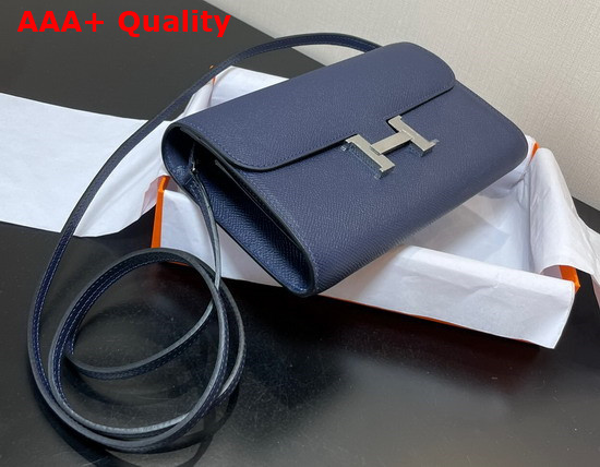 Hermes Constance Long To Go Wallet in Navy Epsom Calfskin with Removable Shoulder Strap Replica