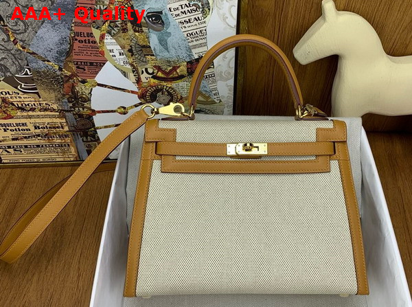 Hermes Constrast Kelly Sellier 25 Bag in Canvas and Swift Calfskin Natural and Sesame Replica