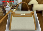 Hermes Constrast Kelly Sellier 25 Bag in Canvas and Swift Calfskin Natural and Sesame Replica