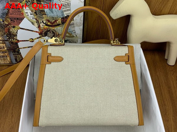 Hermes Constrast Kelly Sellier 25 Bag in Canvas and Swift Calfskin Natural and Sesame Replica