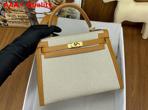 Hermes Constrast Kelly Sellier 25 Bag in Canvas and Swift Calfskin Natural and Sesame Replica