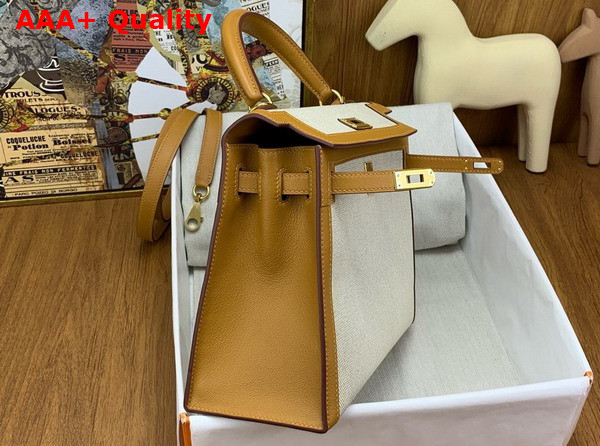 Hermes Constrast Kelly Sellier 25 Bag in Canvas and Swift Calfskin Natural and Sesame Replica