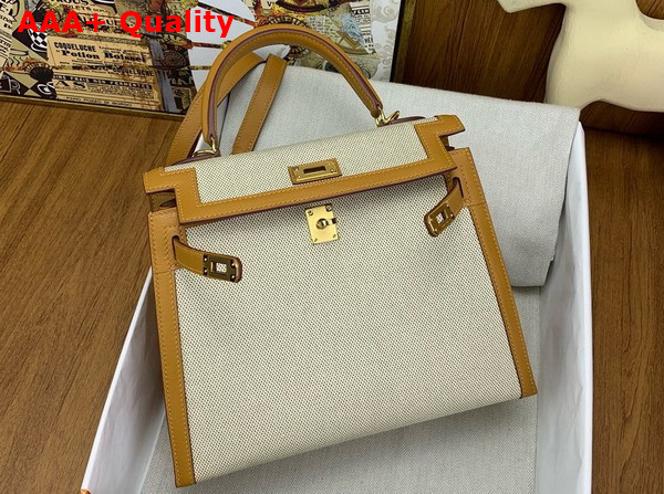 Hermes Constrast Kelly Sellier 25 Bag in Canvas and Swift Calfskin Natural and Sesame Replica