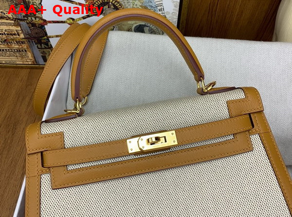 Hermes Constrast Kelly Sellier 25 Bag in Canvas and Swift Calfskin Natural and Sesame Replica