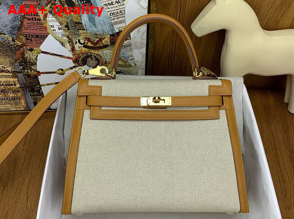 Hermes Constrast Kelly Sellier 25 Bag in Canvas and Swift Calfskin Natural and Sesame Replica