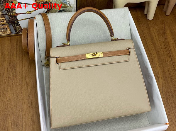 Hermes Constrast Kelly Sellier 25 Bag in Epsom Calfskin and Swift Calfskin Sesame and Tan Replica