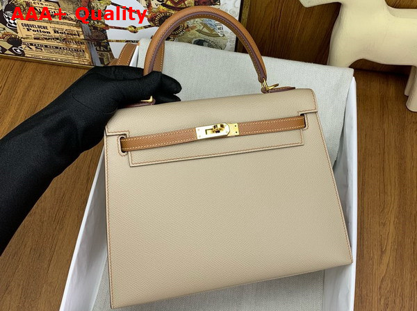 Hermes Constrast Kelly Sellier 25 Bag in Epsom Calfskin and Swift Calfskin Sesame and Tan Replica