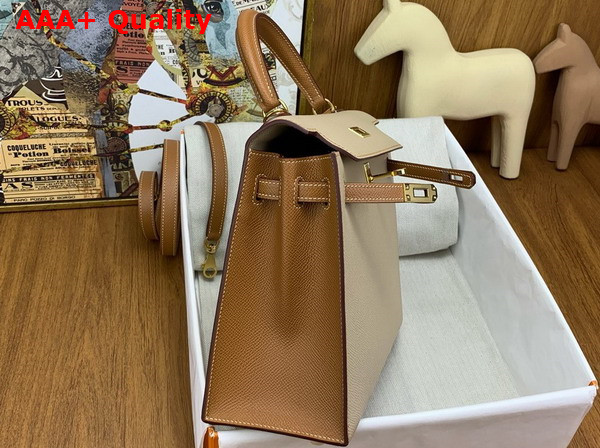 Hermes Constrast Kelly Sellier 25 Bag in Epsom Calfskin and Swift Calfskin Sesame and Tan Replica