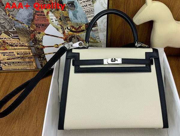 Hermes Constrast Kelly Sellier 25 Bag in Milk White and Black Epsom Calfskin Replica