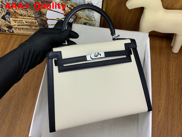 Hermes Constrast Kelly Sellier 25 Bag in Milk White and Black Epsom Calfskin Replica