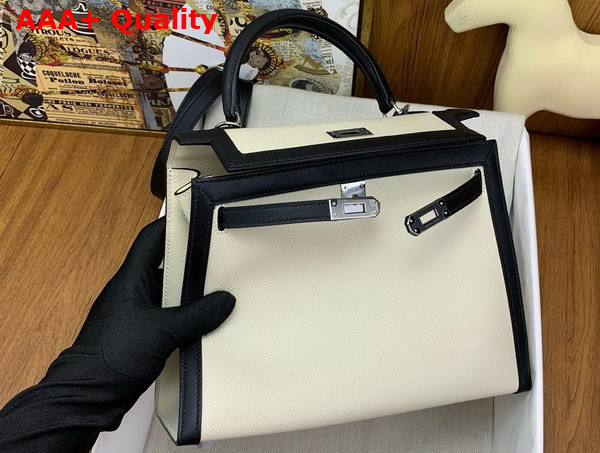 Hermes Constrast Kelly Sellier 25 Bag in Milk White and Black Epsom Calfskin Replica