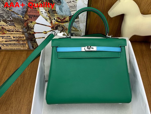 Hermes Contrast Kelly 25 Bag in Green and Sky Blue Swift Calfskin Replica