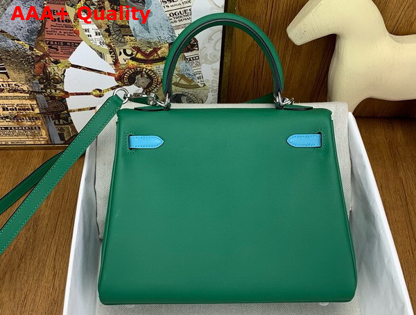 Hermes Contrast Kelly 25 Bag in Green and Sky Blue Swift Calfskin Replica