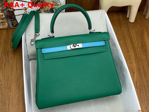 Hermes Contrast Kelly 25 Bag in Green and Sky Blue Swift Calfskin Replica