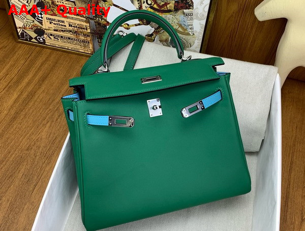 Hermes Contrast Kelly 25 Bag in Green and Sky Blue Swift Calfskin Replica