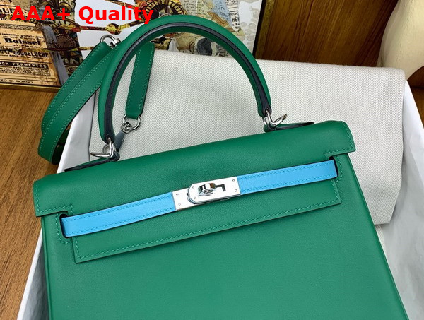 Hermes Contrast Kelly 25 Bag in Green and Sky Blue Swift Calfskin Replica