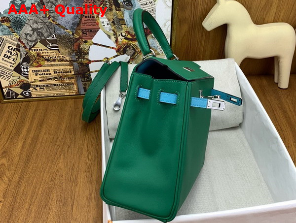 Hermes Contrast Kelly 25 Bag in Green and Sky Blue Swift Calfskin Replica