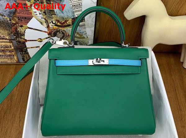 Hermes Contrast Kelly 25 Bag in Green and Sky Blue Swift Calfskin Replica