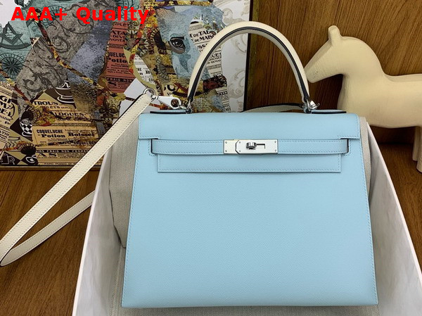 Hermes Contrast Kelly Sellier 25 Bag in Epsom Calfskin Baby Blue and Oat Milk Replica