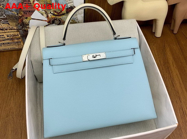 Hermes Contrast Kelly Sellier 25 Bag in Epsom Calfskin Baby Blue and Oat Milk Replica