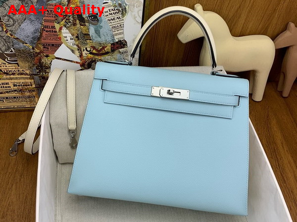 Hermes Contrast Kelly Sellier 25 Bag in Epsom Calfskin Baby Blue and Oat Milk Replica