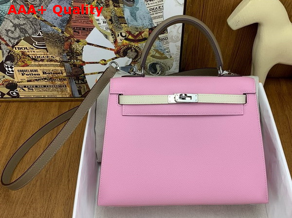 Hermes Contrast Kelly Sellier 25 Bag in Epsom Calfskin Candy Pink and Elephant Grey Replica