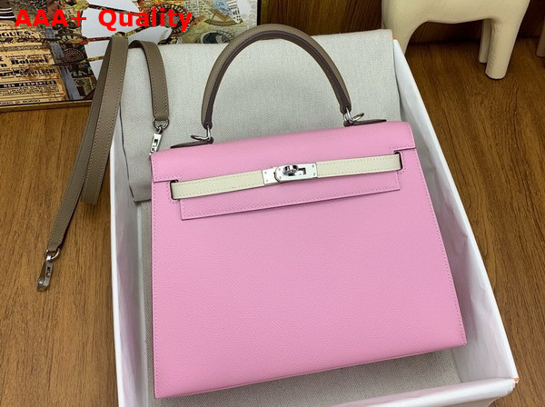 Hermes Contrast Kelly Sellier 25 Bag in Epsom Calfskin Candy Pink and Elephant Grey Replica