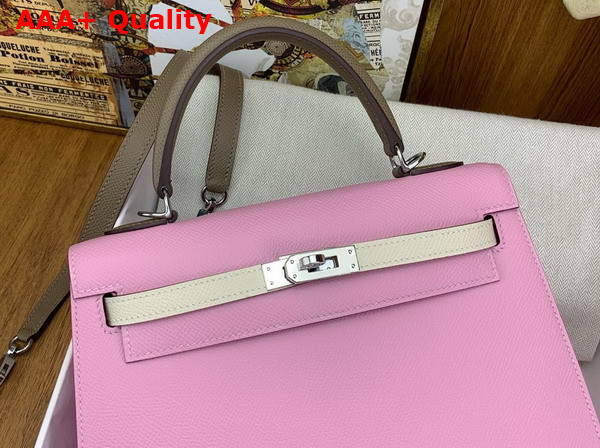 Hermes Contrast Kelly Sellier 25 Bag in Epsom Calfskin Candy Pink and Elephant Grey Replica