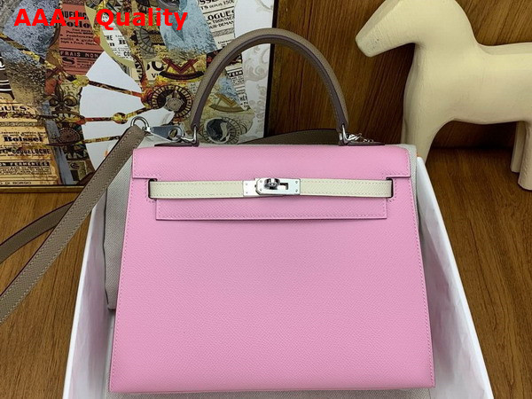 Hermes Contrast Kelly Sellier 25 Bag in Epsom Calfskin Candy Pink and Elephant Grey Replica