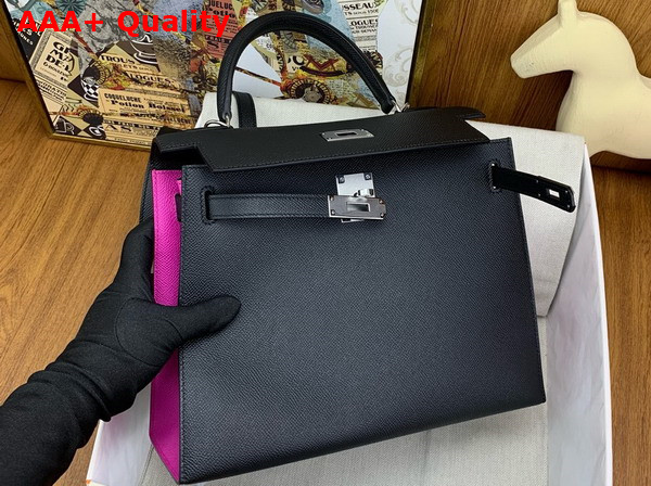 Hermes Contrast Kelly Sellier 25 Bag in Noir and Fuchsia Epsom Calfskin Replica