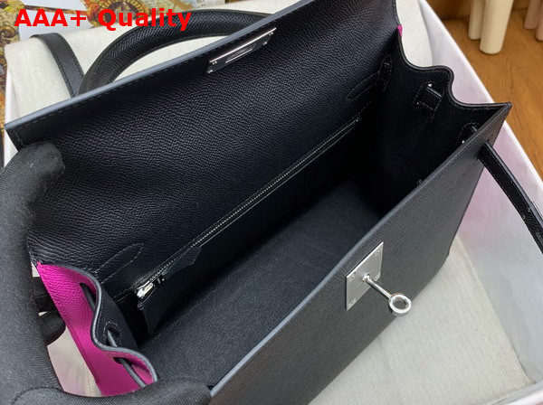 Hermes Contrast Kelly Sellier 25 Bag in Noir and Fuchsia Epsom Calfskin Replica